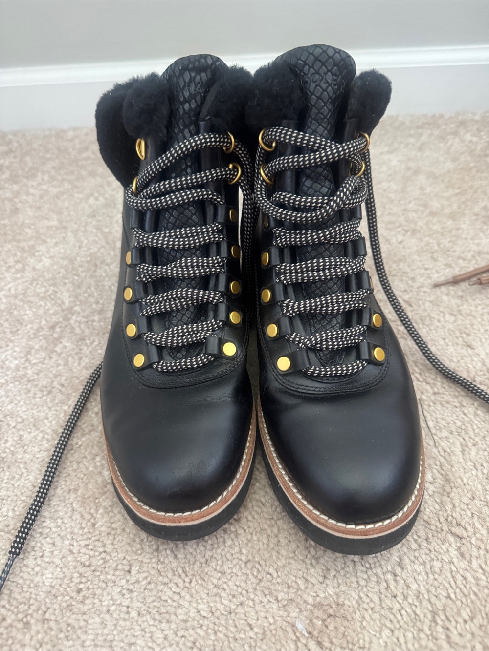 Cole Haan Black Leather Faux Fur Hiker Booties with Gold Hardware
